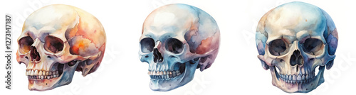 Watercolor skull illustrations, anatomical study, artistic rendering, vibrant colors, educational purpose, decorative art.