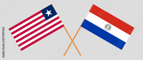 Crossed flags of Liberia and Republic of Paraguay. Official colors. Correct proportion. Vector illustration