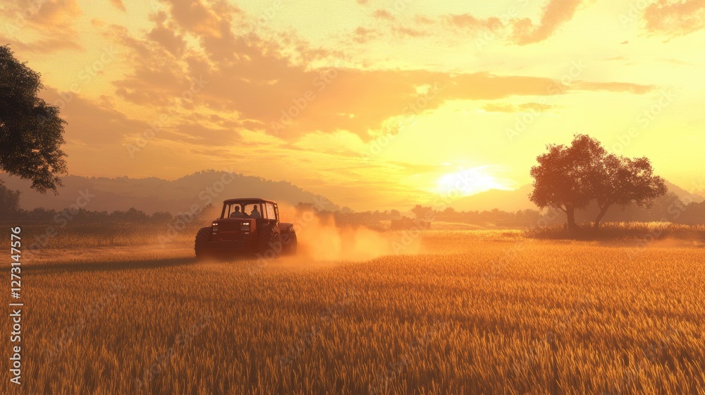 Obraz premium Golden field sunset tractor at work in high fidelity agricultural scene