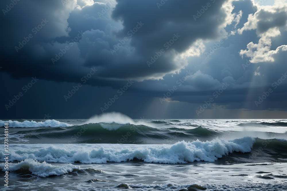 Naklejka premium Dramatic Ocean Waves Crashing Under a Dark and Stormy Sky with Sunbeams