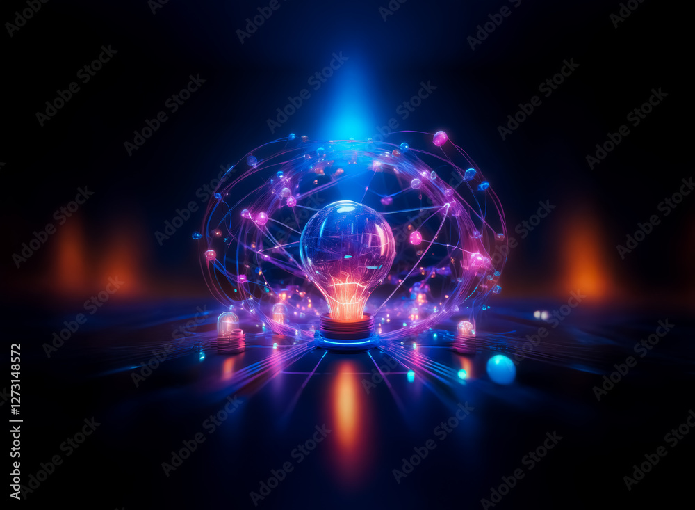 Fototapeta premium A luminous light bulb is encircled by connected spheres, creating a digital network effect. The scene is bathed in blue and pink light against a dark backdrop.