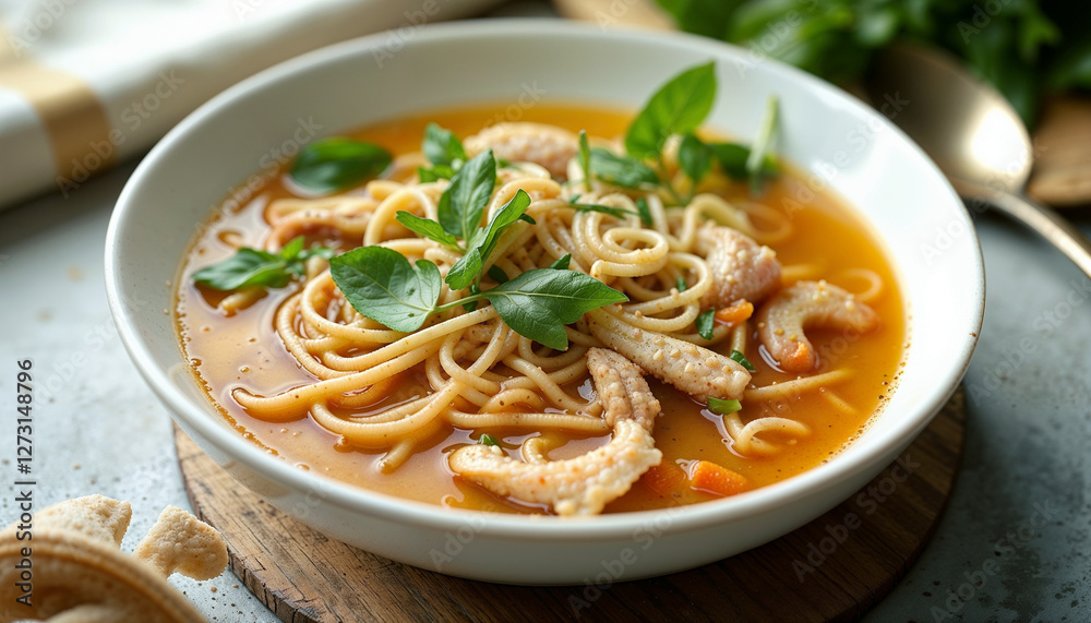 Fresh Chicken Noodle Soup with Vibrant Orange Broth and Green Basil Leaves in White Ceramic Bowl with Copy Space Fresh Chicken Noodle Soup with Vibrant Orange Broth and Green Basil Leaves in White Ceramic Bowl with Copy Space