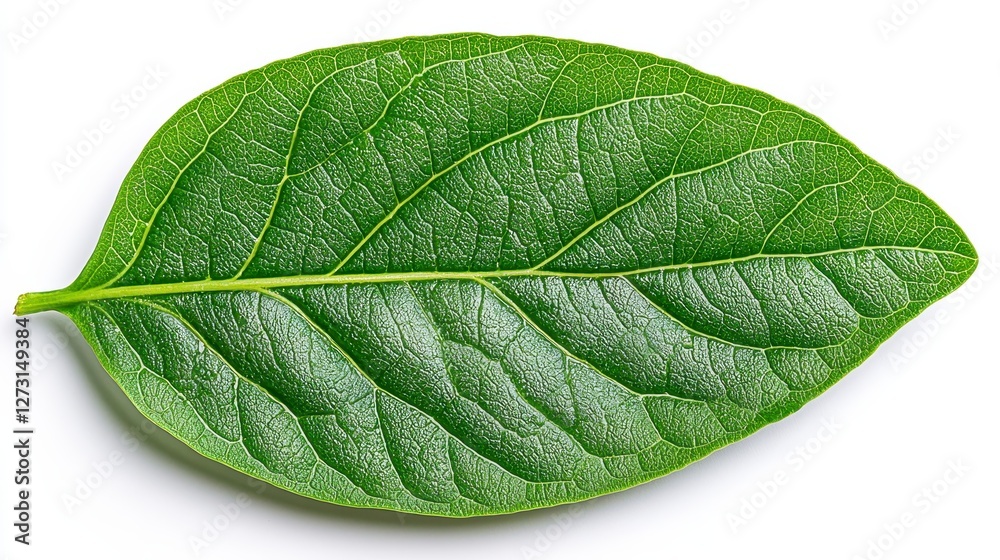 Obraz premium Striking green leaf on a clean white background showcasing natures minimalist beauty, ideal for ecothemed projects