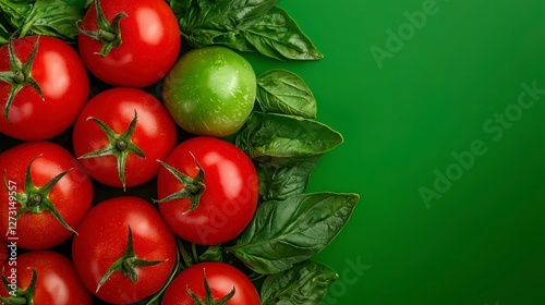 A colorful bunch of ripe red tomatoes accompanied by a crisp green on a wooden table