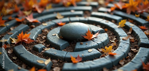 A serene autumn scene featuring a labyrinth adorned with fallen leaves, symbolizing contemplation and guidance, ideal for wellness, meditation, or nature-themed projects.