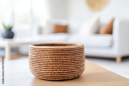 Woven basket on wooden table in modern living room
