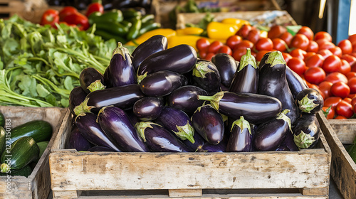 Crate of purple eggplants sits on a wooden table. The crate is filled with eggplants of various sizes and shapes. The eggplants are arranged in a way that they are all visible and easily accessible
