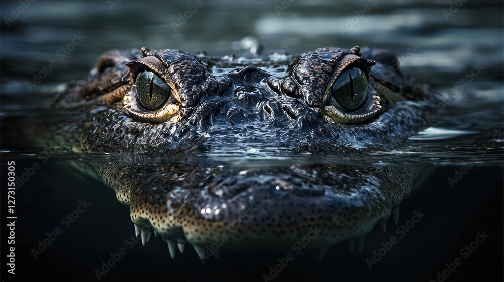 Obraz premium A crocodile emerging from the water with only its eyes visible above the surface