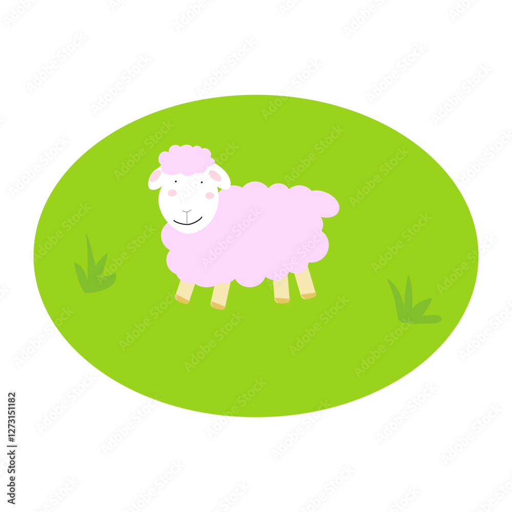 Obraz premium Lamb cartoon pink on the green grass, cartoon, flat design