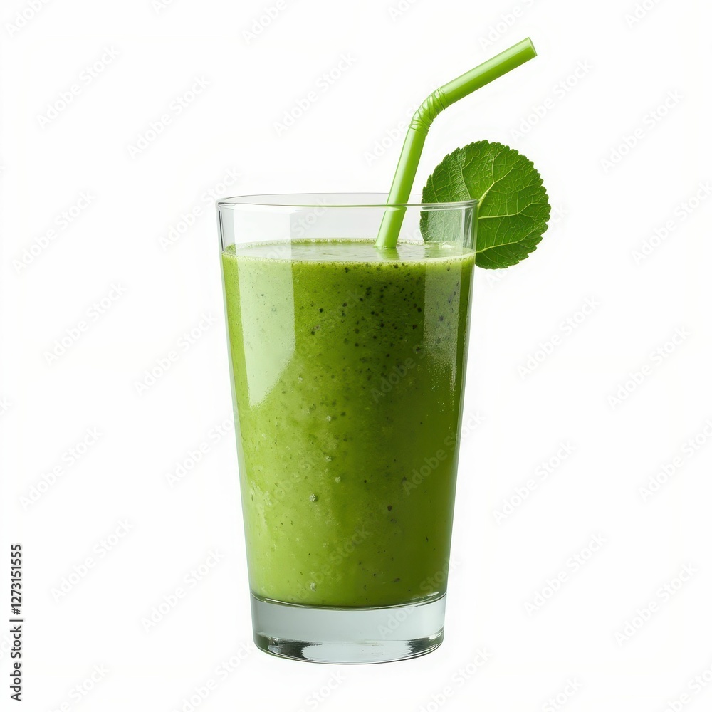 Refreshing Green Smoothie with Straw and Leaf Garnish on White Backdrop Healthy Drink Elixir Refreshing Green Smoothie with Straw and Leaf Garnish on White Backdrop Healthy Drink Elixir