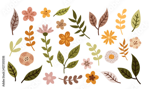 Spring leaves and flowers set, cute hand drawn seasonal objects. Vector illustration in flat style
