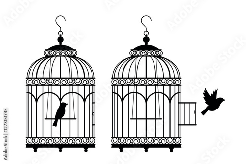 Bird in cage and canary flying out cage. Black silhouettes. Antique, classic house for parrot. Retro birdcage escape and freedom symbol. Decorative element. Vector isolated concept