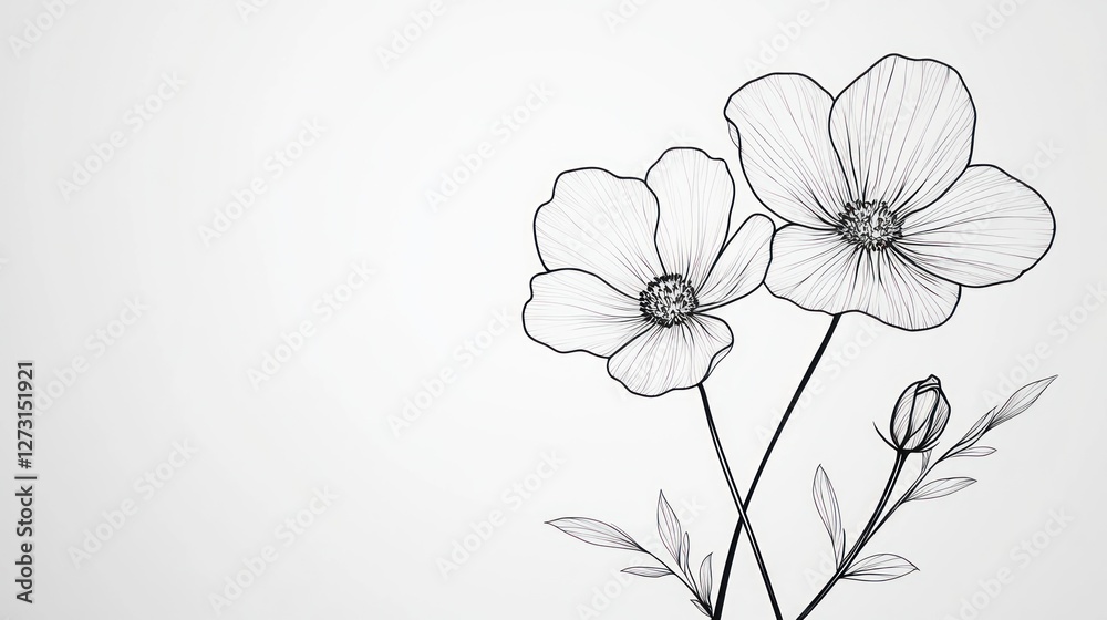 Naklejka premium Elegant line art cosmos flowers, white background, minimalist design, greeting card