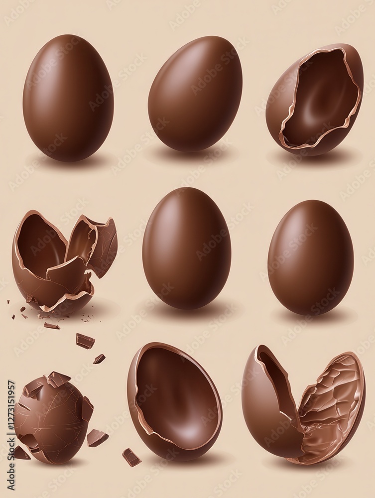 Fototapeta premium Chocolate eggs set. Isolated whole, broken, exploded, cracked and open brown eggs collection. Realistic sweet chocolate candy dessert icons. Vector Easter holiday celebration concept