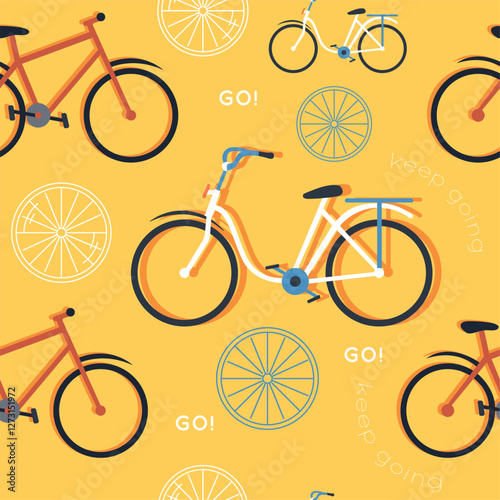 Bicycles seamless pattern. Mechanical eco friendly transport, two wheeled bikes, city cycles, active recreation, sports. Decor textile, wrapping, wallpaper. Print for fabric. Vector background