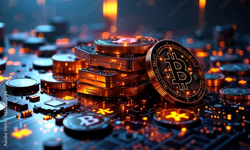 Bitcoin stack on circuit board, glowing, digital currency, finance, technology background