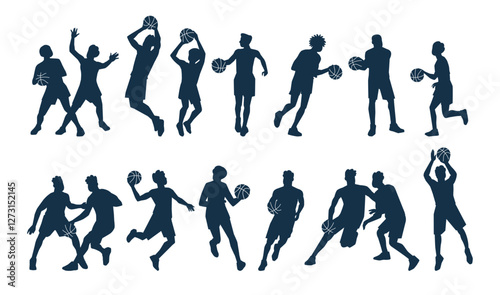 Basketball player silhouette set. Professional athletes in different poses. Sportsman keeping ball. Streetball competition. Tournament sport black isolated vector illustration