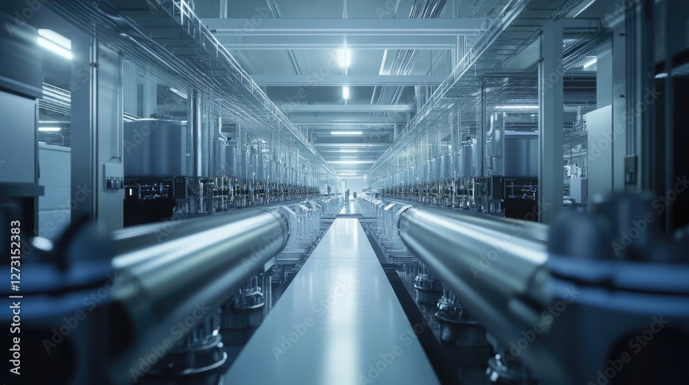 Fototapeta premium Futuristic Factory: Conveyor Belt System in a Modern Industrial Facility