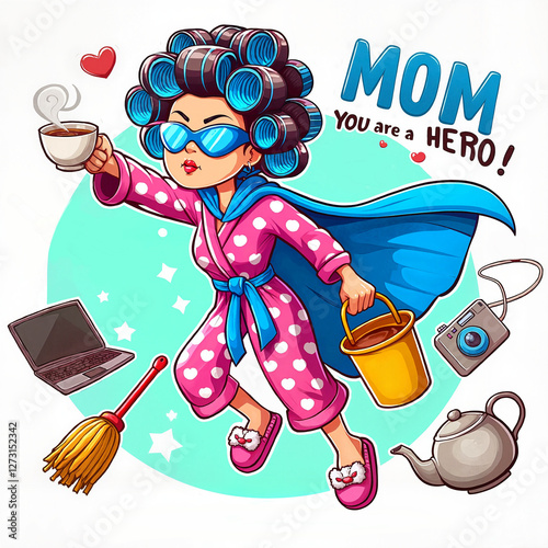 Supermom in Robe and Cape Holding Coffee Mug with Household Items, Humorous Mother’s day, Mother’s day comics, Mom – you are a hero text