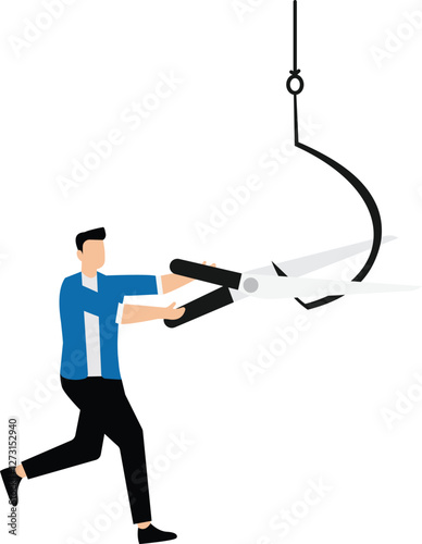 Businessman uses scissors cut off fishing hooks