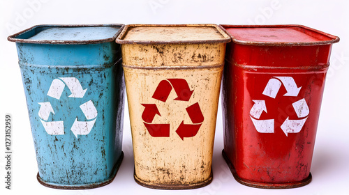 Rusty Recycling Bins Against White Background photo