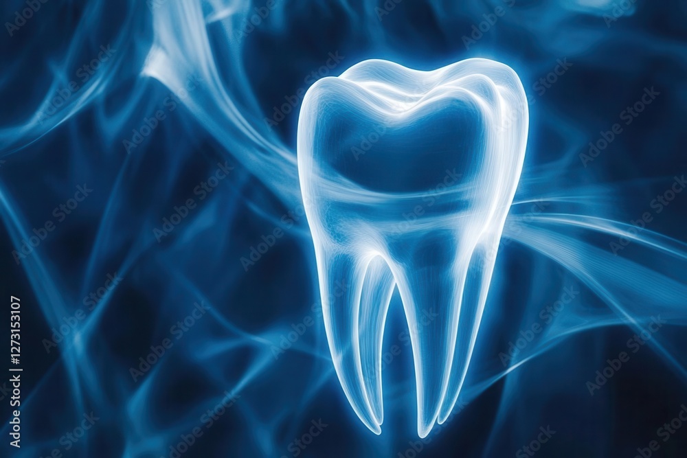 luminescent tooth visualization with swirling light trails pristine white against deep blue backdrop medical aesthetic luminescent tooth visualization with swirling light trails pristine white against deep blue backdrop medical aesthetic