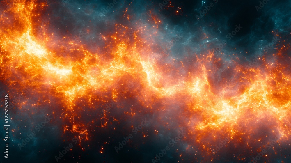 Fiery cosmic river flows brilliantly across dark space intense orange and blue hues. AI Generated Fiery cosmic river flows brilliantly across dark space intense orange and blue hues. AI Generated