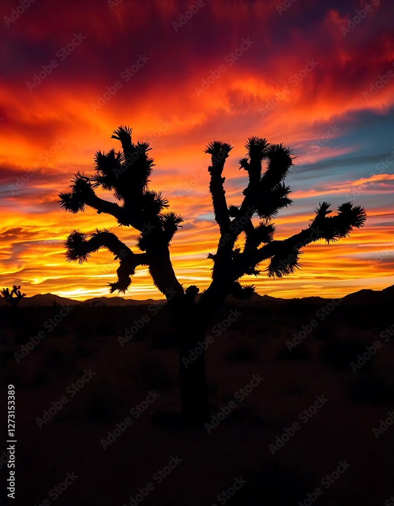 Joshua Tree Silhouetted Against a Fiery Sunset Sky Joshua Tree Silhouetted Against a Fiery Sunset Sky
