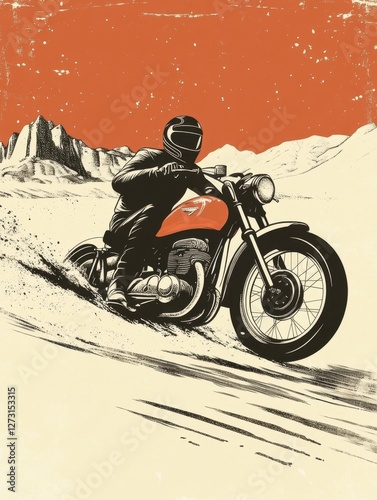 Rider on Motorcycle in Desert Landscape with Dust and Mountains