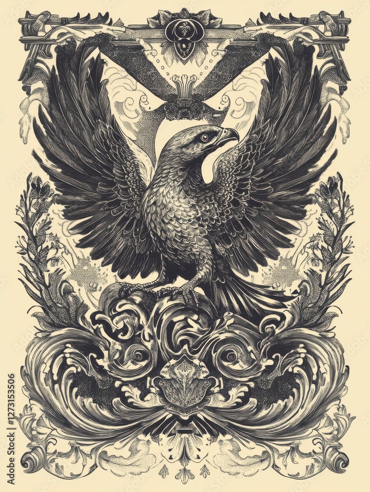 Obraz premium Majestic Illustrated Eagle with Intricate Floral Design Elements