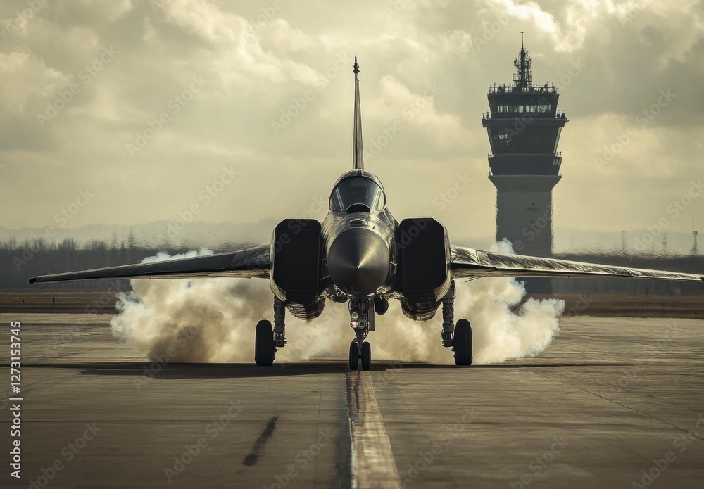 Fototapeta premium Jet Aircraft Taking Off with Smoke at Airport Control Tower