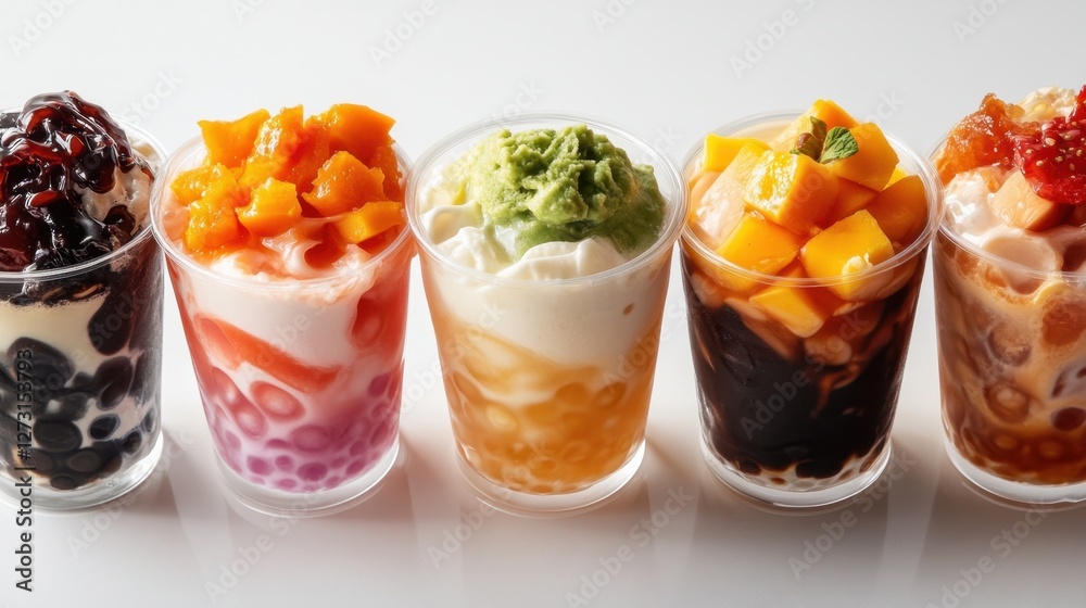 Assorted bubble tea selection with fresh fruit toppings on a white background Assorted bubble tea selection with fresh fruit toppings on a white background