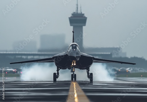 Fighter Jet Taking Off with Fog and Control Tower in Background photo