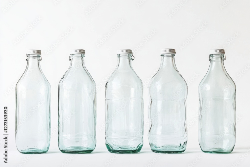 Clear Glass Bottles in a Row on Plain White Background Displayed Clear Glass Bottles in a Row on Plain White Background Displayed