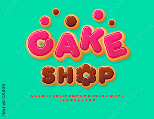 Vector Joyful Advertisement Cake Shop with Sweet Flower. Chocolate Donut style Font. Delicious Alphabet Letters and Numbers.