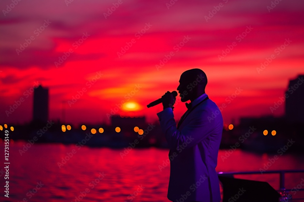 Fototapeta premium Singer performs at sunset on a boat with vibrant colors in the sky over a city skyline