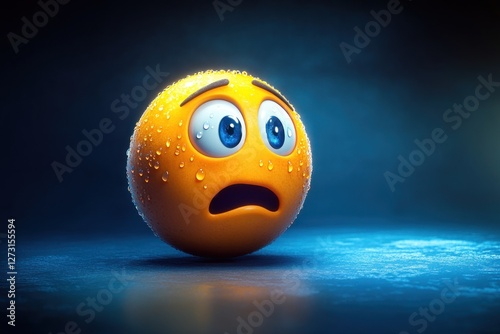 Scared emoji with sweat drops, intense lighting, motion blur, dark blue gradient background