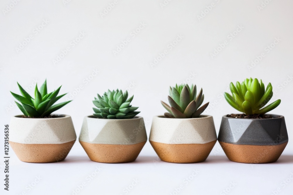 Fototapeta premium Modern Indoor Succulent Plants in Geometric Pots on White Background