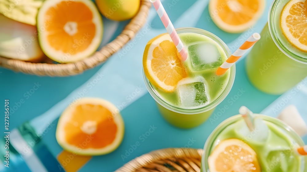 Sunny Outdoor Picnic with Matcha Cold Brew Drinks and Fresh Fruit Slices Sunny Outdoor Picnic with Matcha Cold Brew Drinks and Fresh Fruit Slices