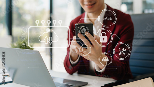 Hand touching Secure Access Service Edge icon on smartphone virtual screen background, password, network, framework and support technology in office. SASE secure access service edge concept.