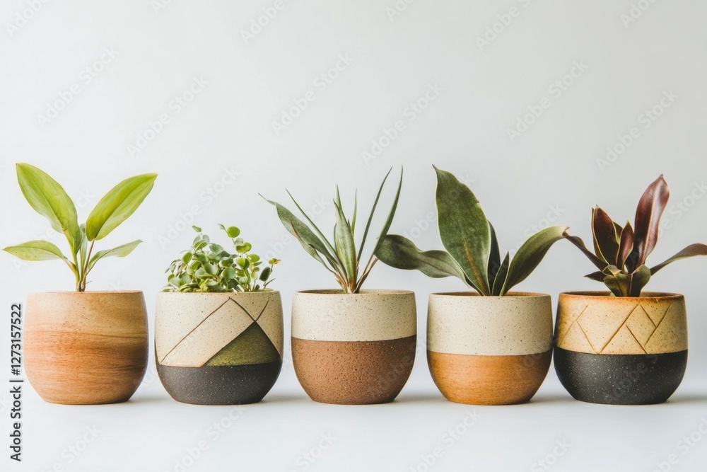 Fototapeta premium Five Decorative Pots with Various Indoor Plants on Neutral Background