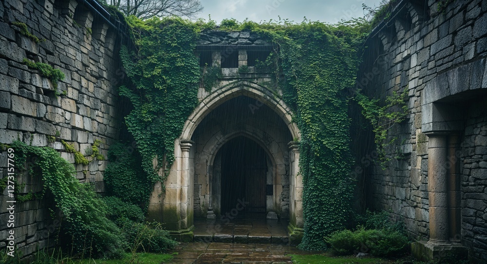 Medieval stone dungeon entrance covered in ivy a damp atmosphere rainy morning spring Medieval stone dungeon entrance covered in ivy a damp atmosphere rainy morning spring