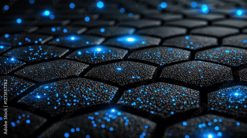 Fototapeta premium Abstract hexagonal grid structure with glowing blue particles, technology background