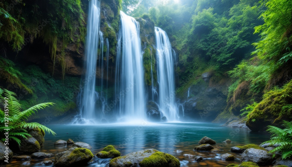 Obraz premium Serene Waterfall Cascading Through Lush Green Forest