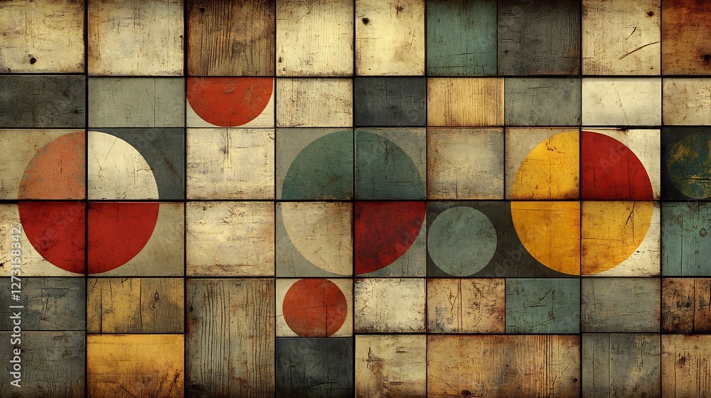 Fototapeta premium Warm toned abstract geometric art features subtly textured wood panels and vibrant circles. AI Generated