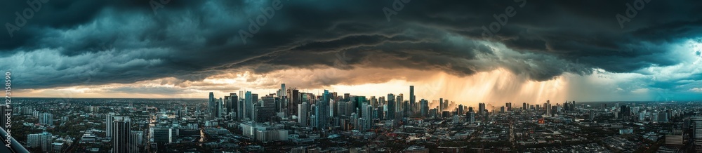 Fototapeta premium Dramatic Cityscape Under Dark Storm Clouds and Golden Light