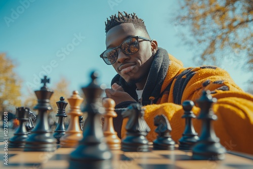 Outdoor chess game in a park during autumn with a confident player in stylish sunglasses