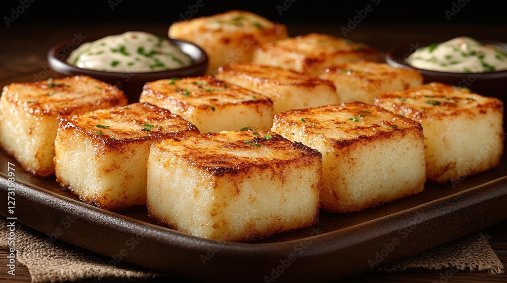 Crispy potato cubes on platter with dipping sauces on rustic wooden table Crispy potato cubes on platter with dipping sauces on rustic wooden table