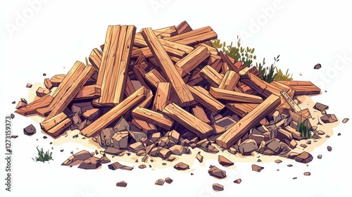 Pile of Wooden Planks with Rubble Artistic Rendering