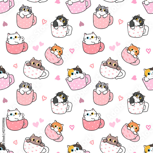 Seamless Pattern with Cute Cartoon Cat in Cup and Heart Design on White Background. Hand Drawn Vector Illustration.